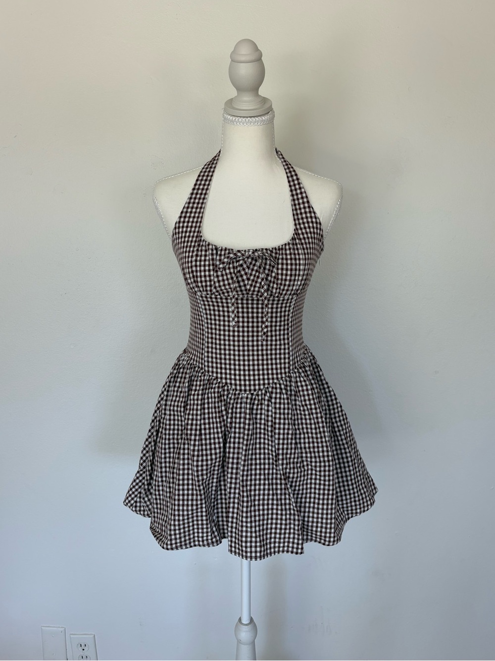 Tictoc Gingham Halter Mini Dress in Brown & White - Size S